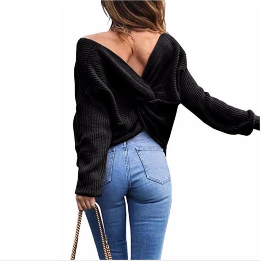 1 Left! Twist Knot Back Fall Sweater In Grey - Picture 4 of 6